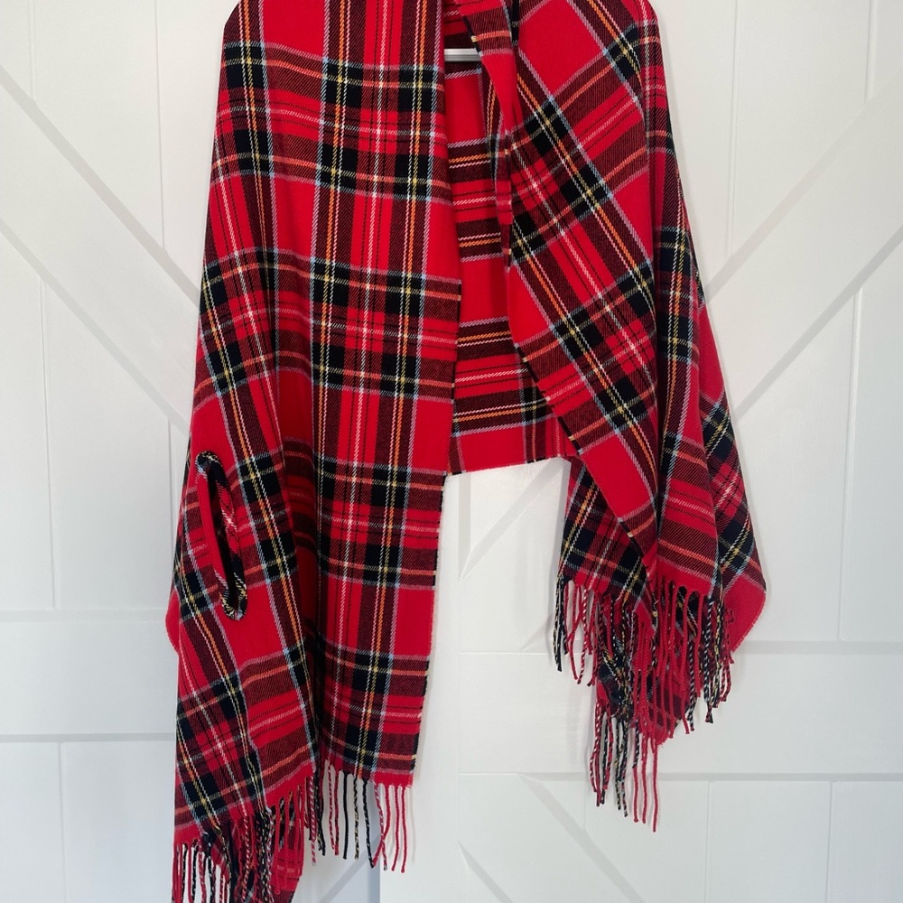 JCrew Red Plaid Fringe Shawl